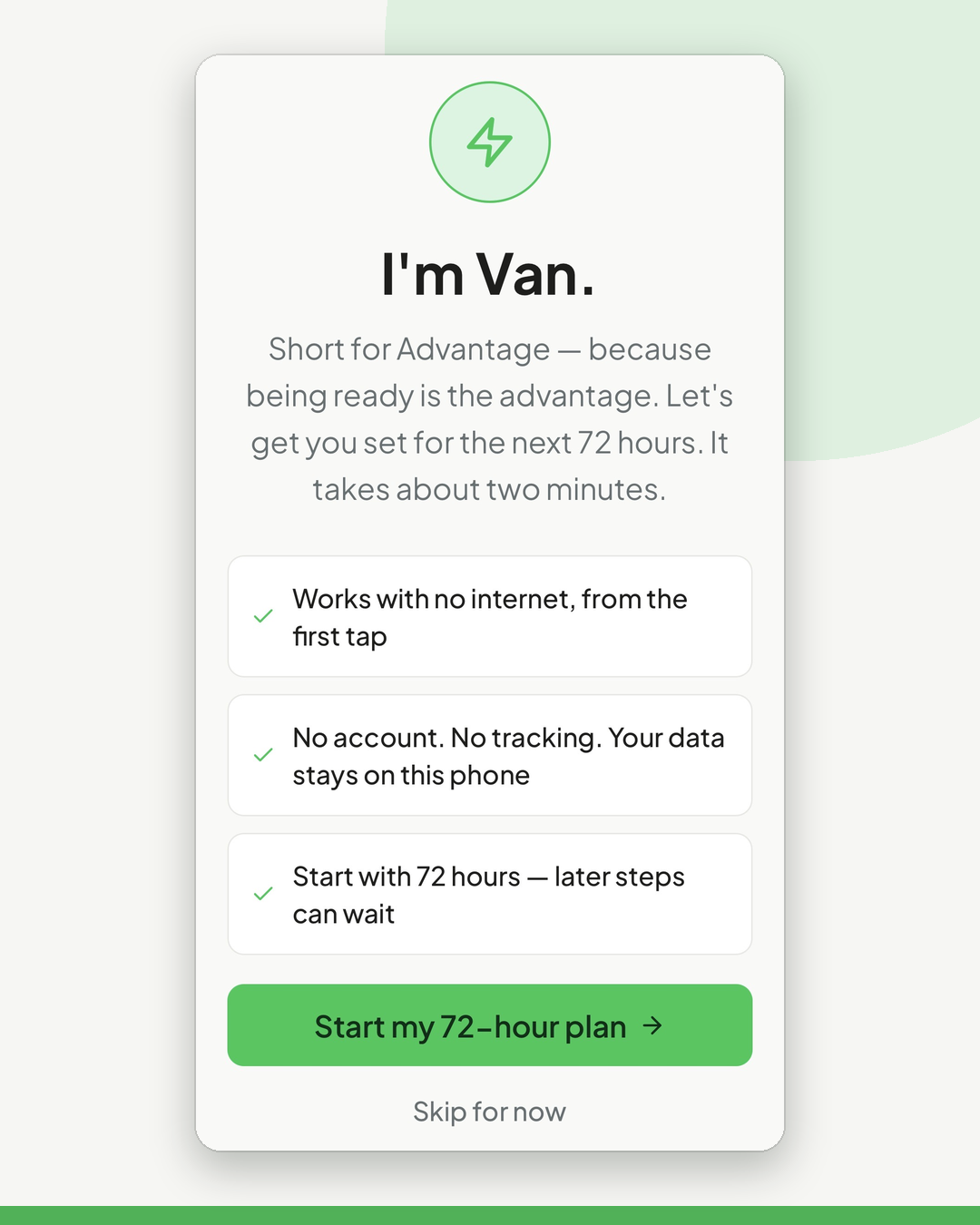 PowerON with Van app introduction screen reading I'm Van