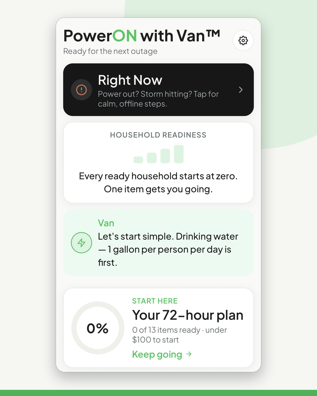PowerON with Van app screen showing the 72-hour plan checklist at 0 percent complete